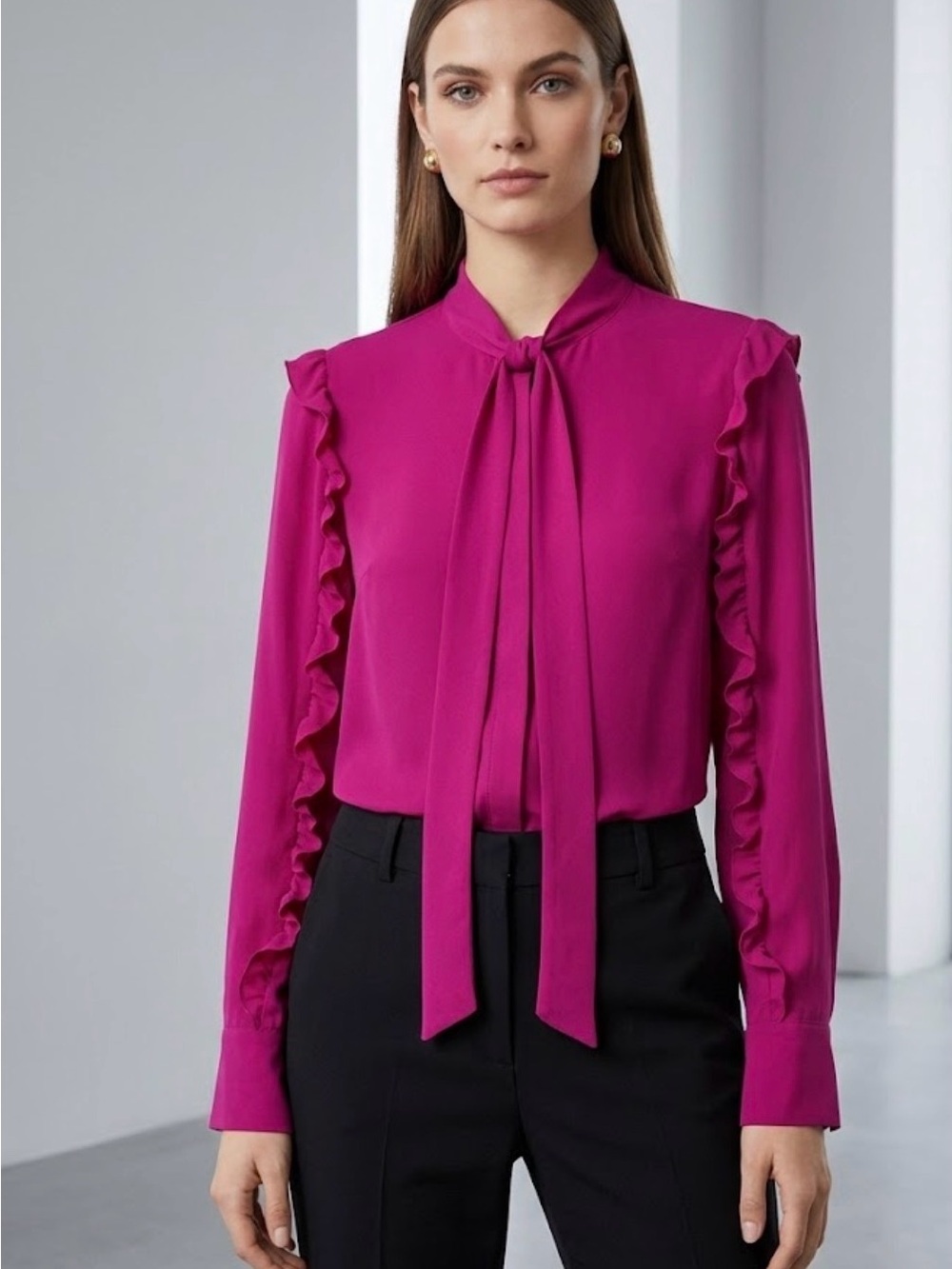 Ted Baker Magenta Pink Leenar Ruffled-Sleeve Tie-Neck Blouse Size 3 / US 8